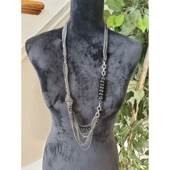 Women's Pewter and Black Multilayered Chain Stylish Necklace - Picture 7 of 7